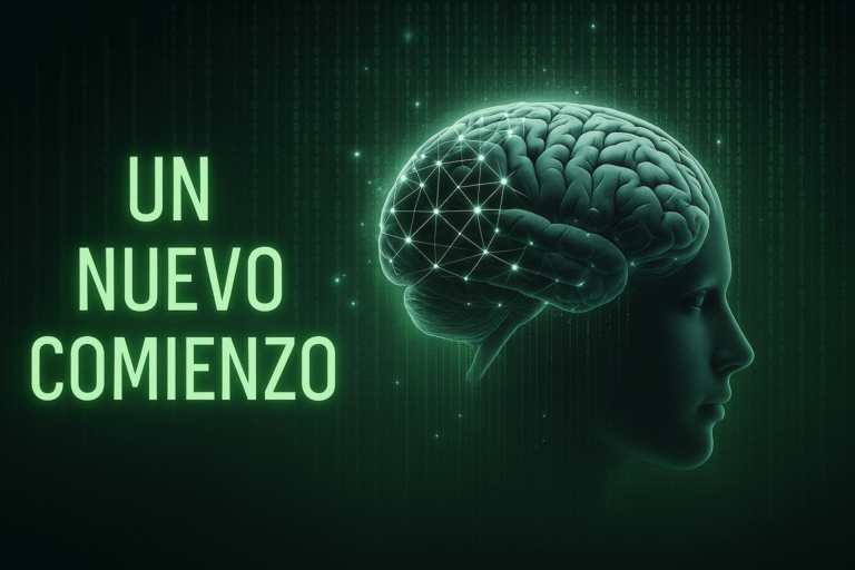 Imagen conceptual de un cerebro iluminado sobre fondo digital con el texto 'Un nuevo comienzo