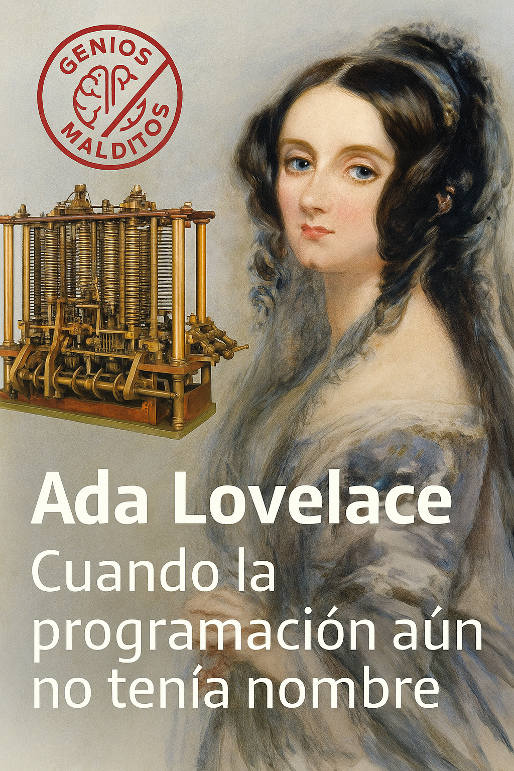Retrato clásico de Ada Lovelace junto a la máquina analítica de Babbage, con sello visual de la serie Genios Malditos y el título del artículo: "Ada Lovelace: Cuando la programación aún no tenía nombre"