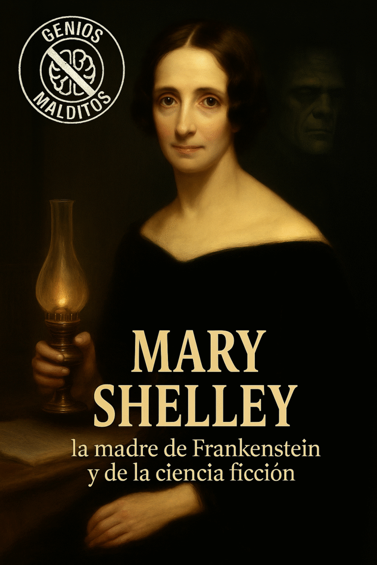 figura de Mary Shelley con su creación de fondo