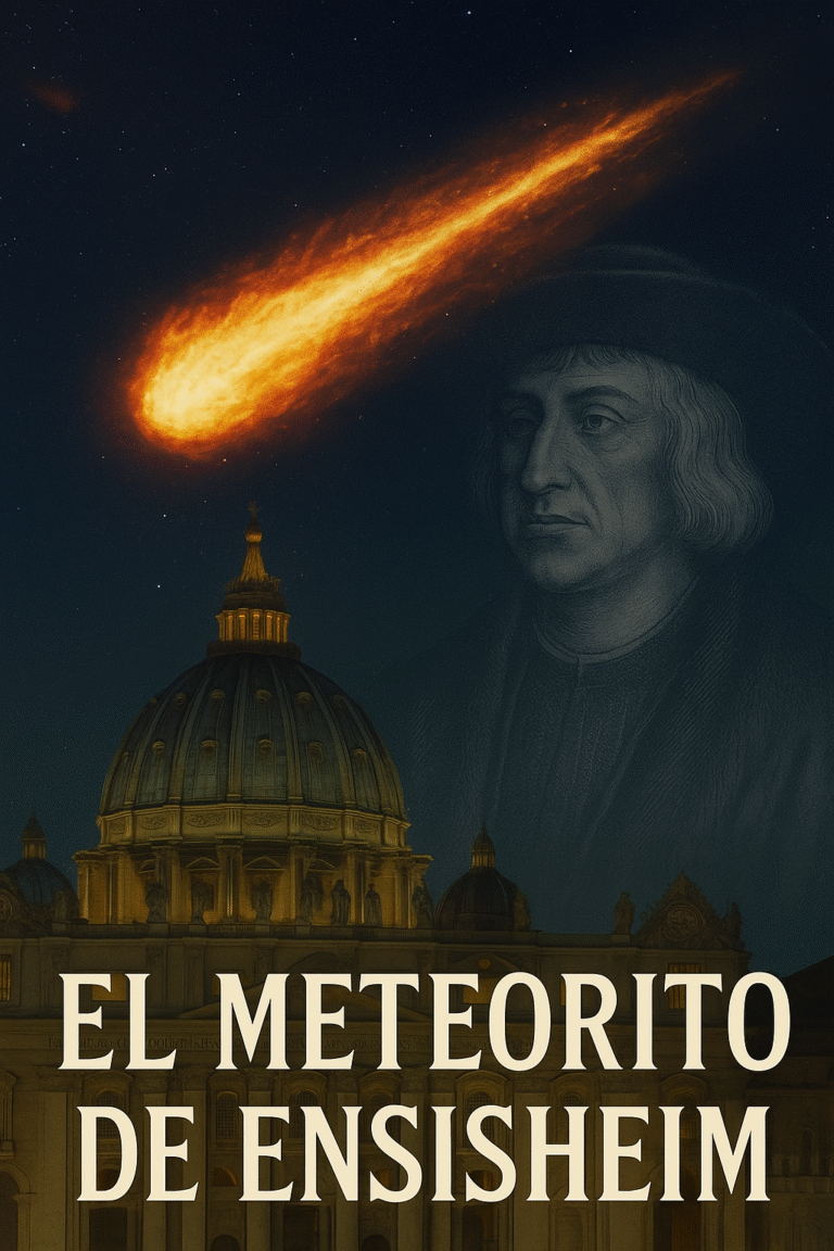 Ilustración artística de un meteorito cruzando el cielo nocturno sobre la cúpula del Vaticano, con el rostro de Maximiliano I de fondo.