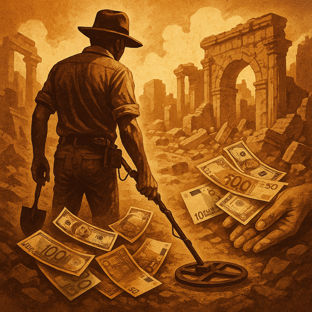 Aventurero con detector de metales escaneando ruinas arqueológicas, con billetes saliendo del suelo.