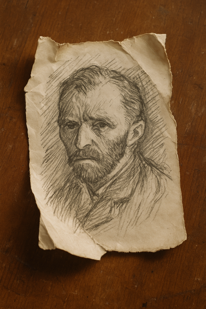 Hoja de papel antigua y rasgada con un retrato inacabado al estilo de Van Gogh, dibujada con trazos expresivos en carboncillo, sobre una mesa de madera.