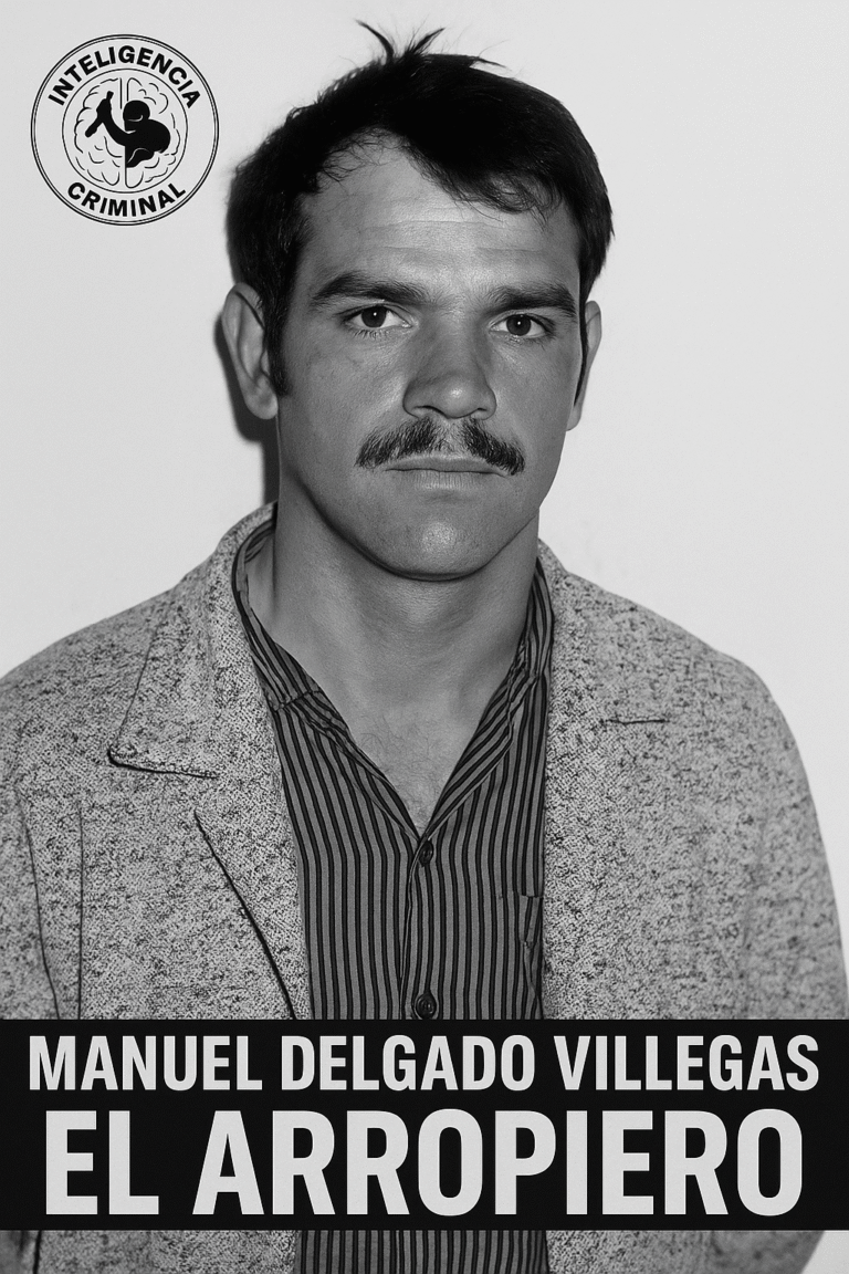 Retrato en blanco y negro de Manuel Delgado Villegas, alias “El Arropiero”, asesino en serie del franquismo. Imagen editada con el sello de la serie Inteligencia Criminal.