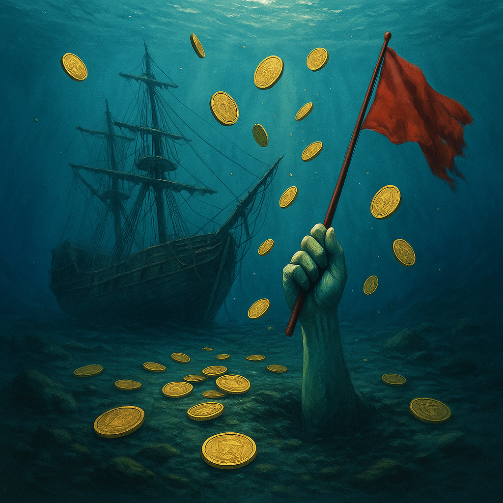 Mano saliendo del lecho marino alzando una bandera roja entre monedas doradas, con un galeón sumergido al fondo.