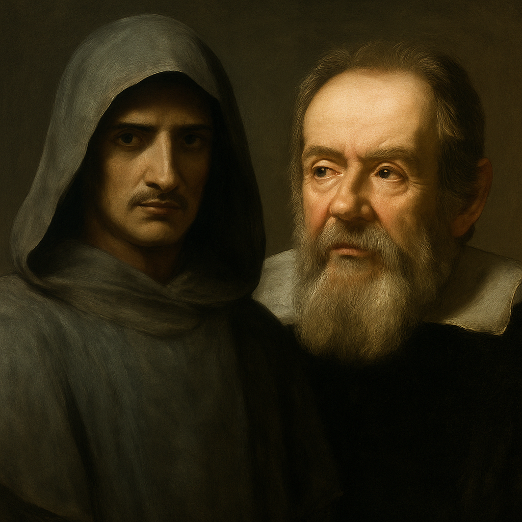 Retrato en estilo clásico de Giordano Bruno y Galileo Galilei, hombro a hombro, sin texto, sobre fondo neutro.