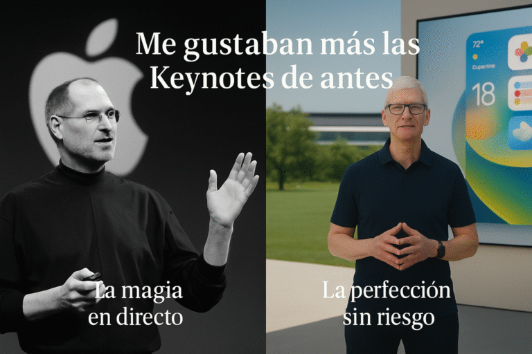 Comparativa visual entre Steve Jobs y Tim Cook presentando Keynotes de Apple. A la izquierda, Jobs en blanco y negro con el texto “La magia en directo”; a la derecha, Cook en color con el texto “La perfección sin riesgo”.