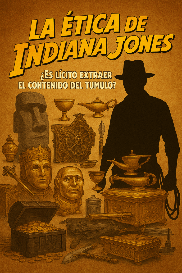 Silueta de arqueólogo ante un conjunto de reliquias históricas: ídolos dorados, la Lanza de Longinos, la Anticitera y cofres de tesoros, sobre fondo tipo cartel de aventura.