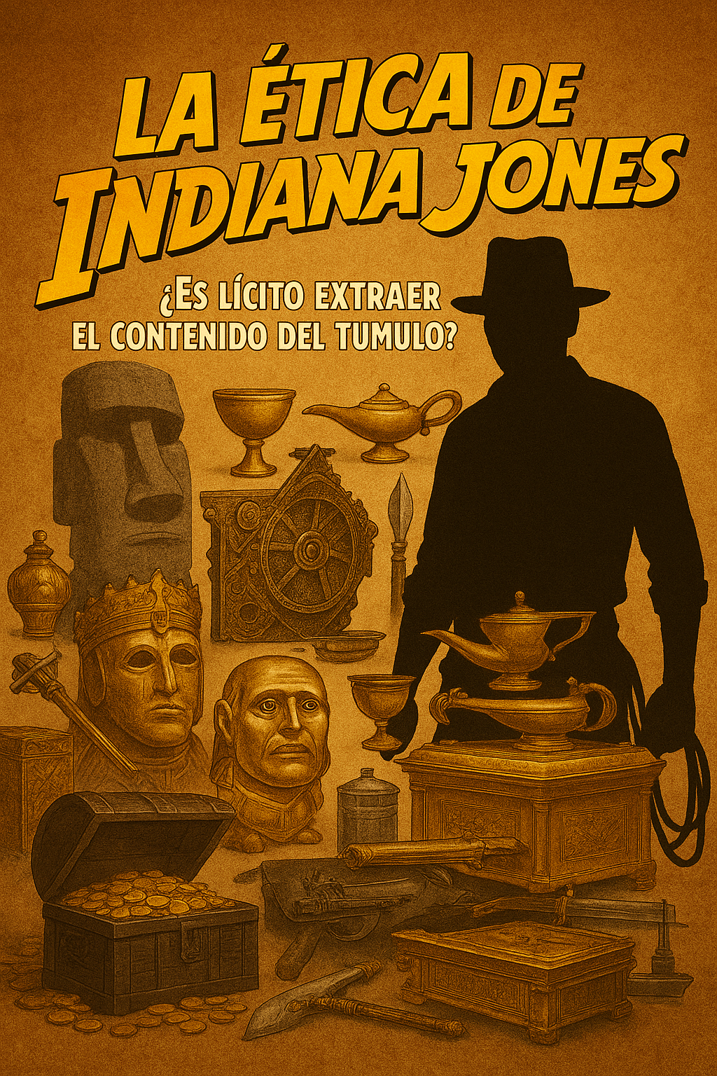 Silueta de arqueólogo ante un conjunto de reliquias históricas: ídolos dorados, la Lanza de Longinos, la Anticitera y cofres de tesoros, sobre fondo tipo cartel de aventura.