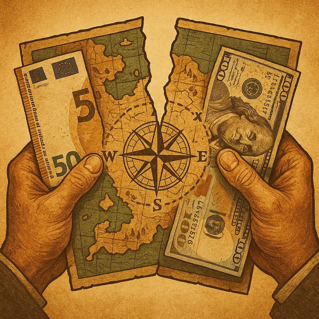 Dos manos sujetan mitades de un mapa rasgado, cada una con billetes de dólar y euro.