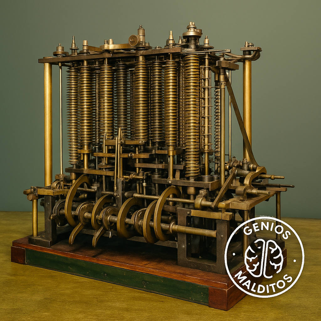 Detalle de la máquina analítica de Charles Babbage, considerada el primer concepto de ordenador programable, con estructura de engranajes de latón y base de madera, acompañada del sello de la serie Genios Malditos.