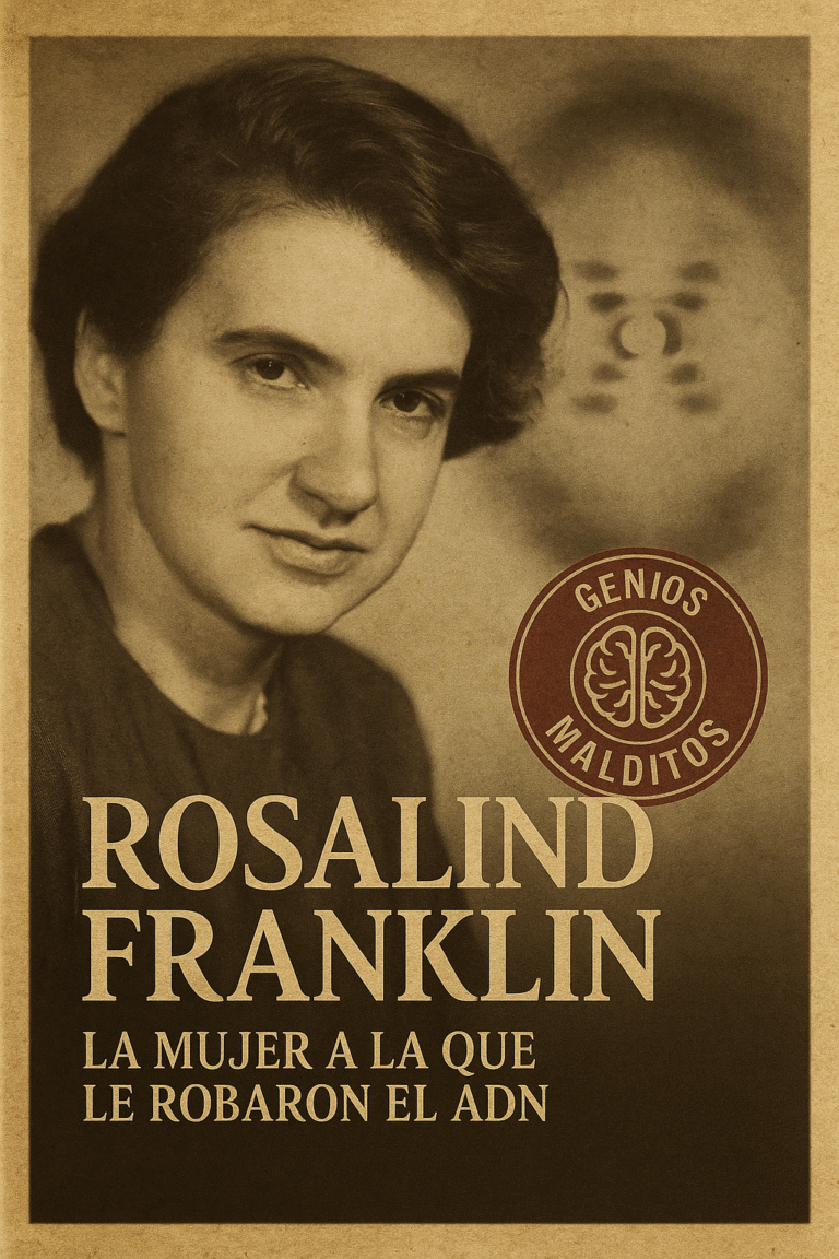 Retrato vintage en sepia de Rosalind Franklin con la Foto 51 difuminada de fondo y el sello Genios Malditos. La imagen muestra a la científica con expresión serena y determinada, acompañada de un diseño de papel envejecido.