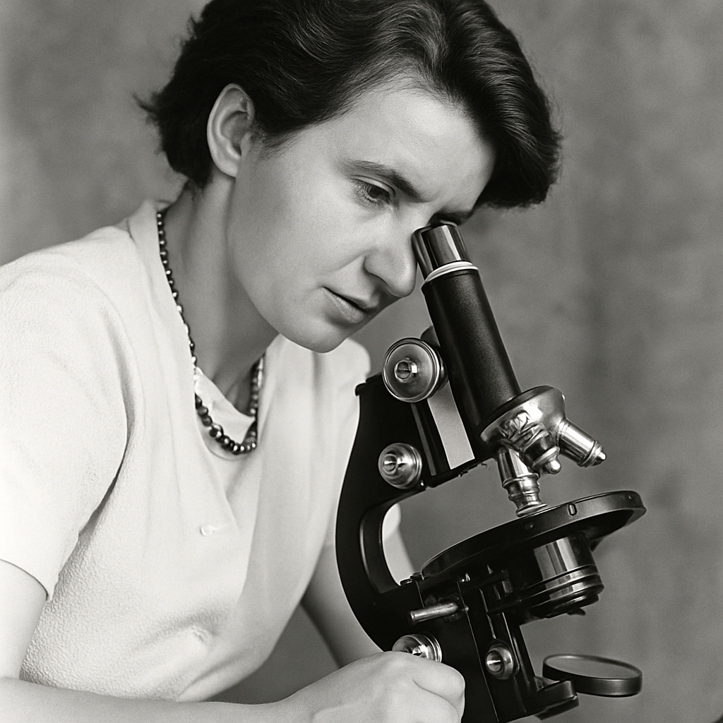 Fotografía en blanco y negro de Rosalind Franklin observando a través de un microscopio, con expresión concentrada y entorno de laboratorio sencillo, evocando su dedicación científica.
