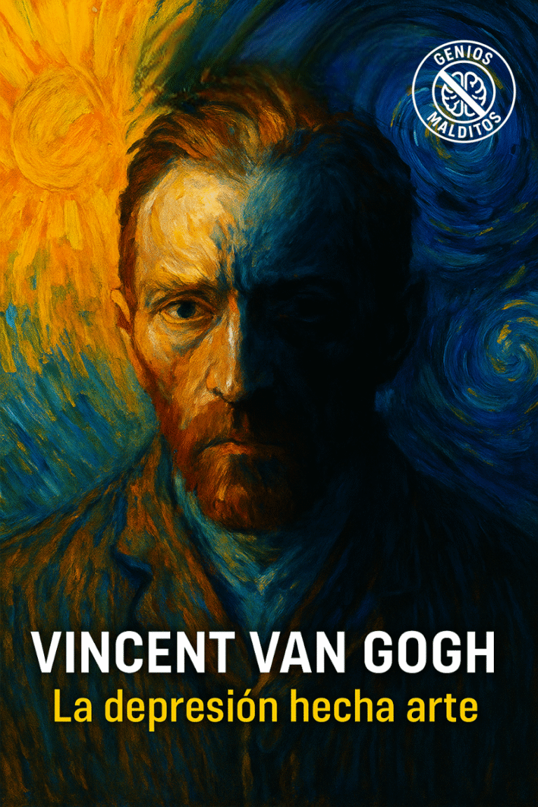 Retrato de Vincent van Gogh dividido entre luz y oscuridad, simbolizando su lucha contra la depresión