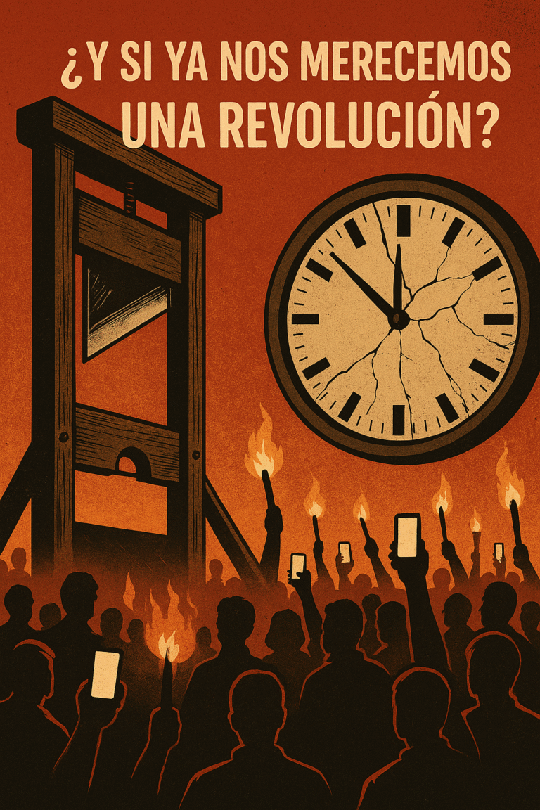 Ilustración simbólica de revolución moderna con móviles como antorchas alzadas por una multitud