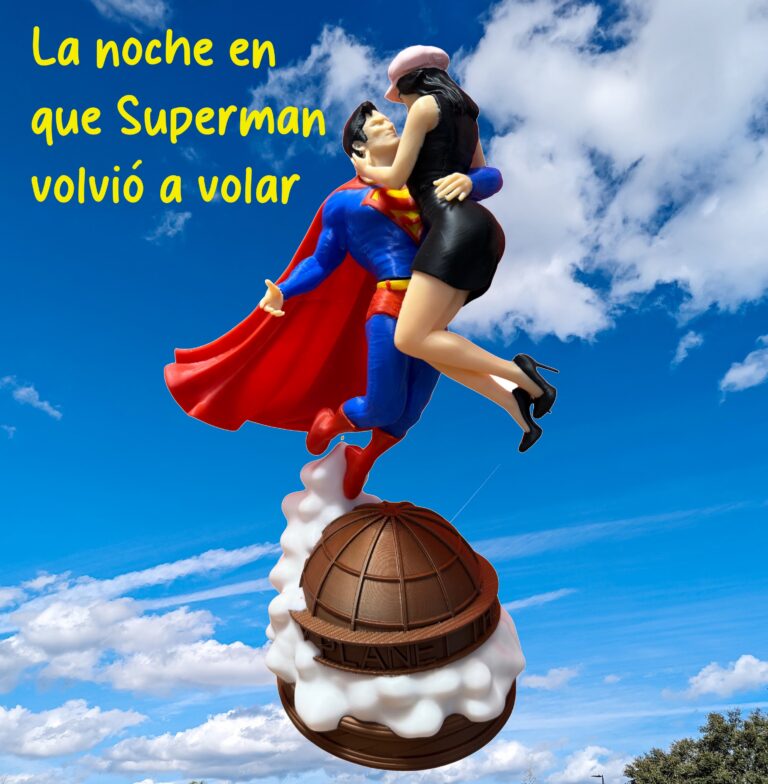 Figura de Superman y Lois en el aire sobre un cielo azul con nubes, acompañada del texto 'La noche en que Superman volvió a volar