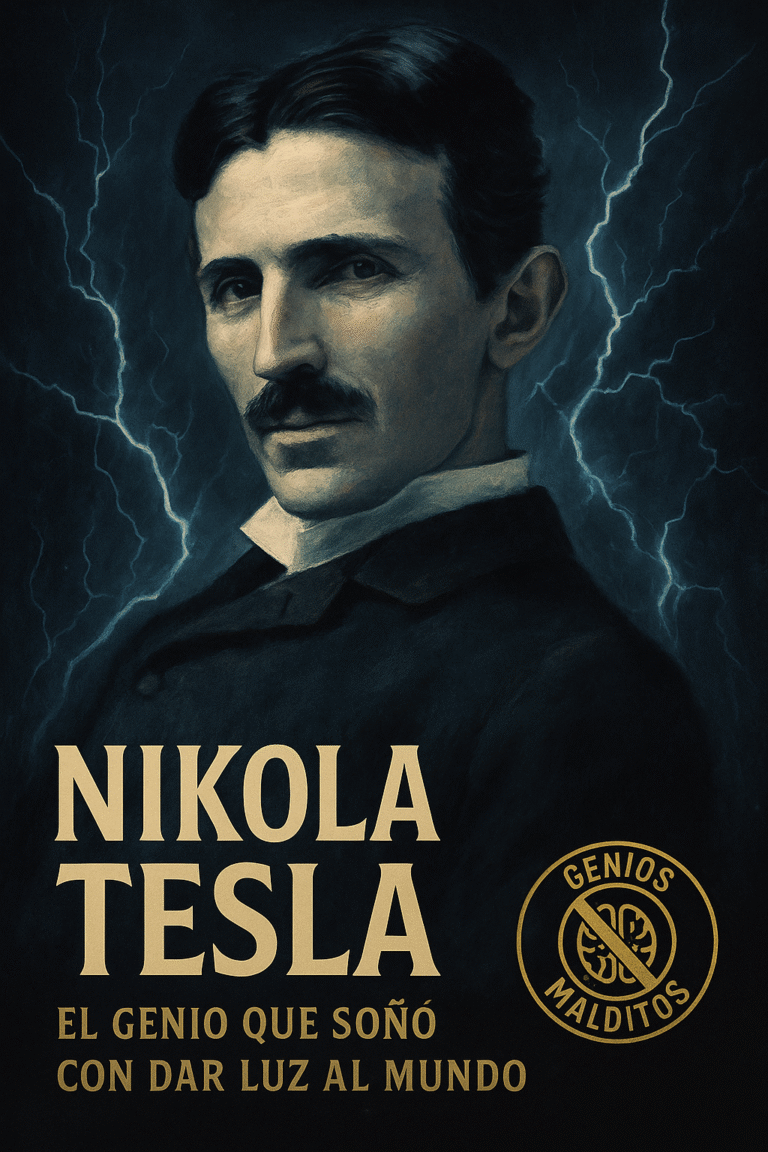 Retrato de Nikola Tesla sobre fondo oscuro con rayos eléctricos, acompañado del sello visual de Genios Malditos.