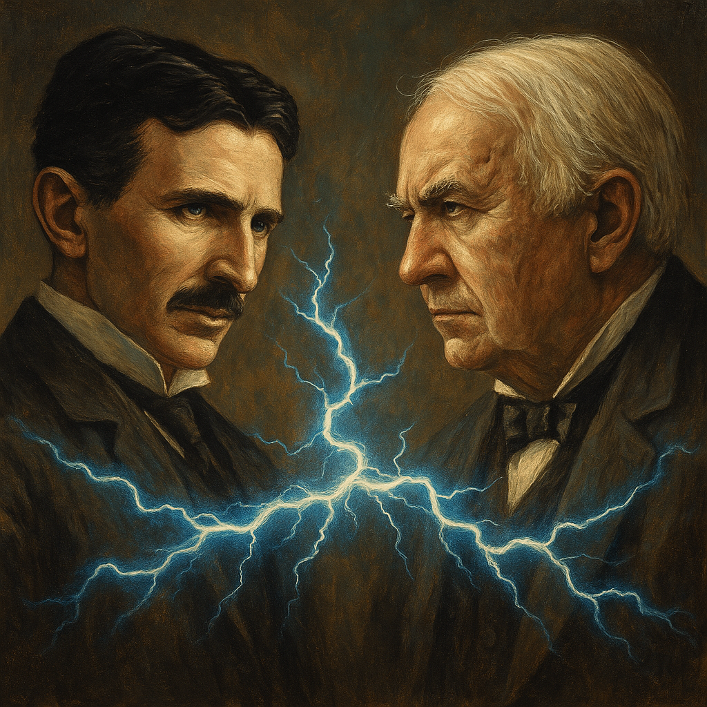 Retrato artístico de Nikola Tesla y Thomas Edison enfrentados, con rayos eléctricos entre ambos simbolizando su rivalidad científica